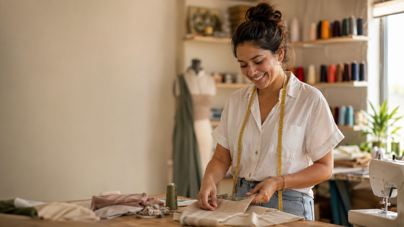 Retrato de Andrea, becada de la Fundación, sonriendo en su taller de costura